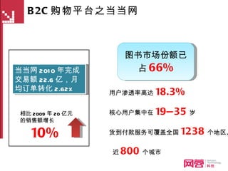 当当网 2010 年完成交易额 22.6 亿，月均订单转化 2.62% 相比 2009 年 20 亿元的销售额增长    10% B2C 购物平台之当当网 图书市场份额已占 66% 用户渗透率高达 18.3% 核心用户集中在 19—35 岁 货到付款服务可覆盖全国 1238 个地区、 近 800 个城市 
