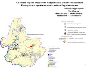 Опорный каркас расселения Андреевского сельского   поселения Кишертского муниципального района Пермского   края   Площадь территории – 224,67  кв.км. На 01.01.2011  г. численность населения –  1636  человек УСЛОВНЫЕ ОБОЗНАЧЕНИЯ: -  учреждения здравоохранения - основная общеобразовательная школа  - учреждения культуры - МДОУ «Шумковский детский сад» -  МДОУ «Верхсолянская начальная школа-детский сад» -   с. Андреево  - центр поселения - перспективные населенные пункты 