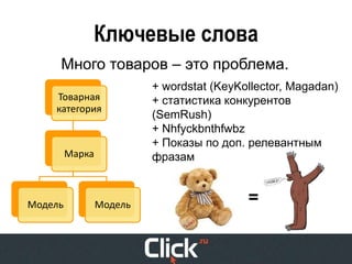 Ключевые слова
     Много товаров – это проблема.
                          + wordstat (KeyKollector, Magadan)
    Товарная              + статистика конкурентов
    категория
                          (SemRush)
                          + Nhfyckbnthfwbz
                          + Показы по доп. релевантным
         Марка            фразам



Модель           Модель                    =
 
