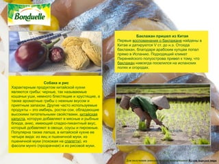 Баклажан пришел из Китая
                                                Первые воспоминания о баклажане найдены в
                                                Китае и датируются V ст. до н.э. Отсюда
                                                баклажан, благодаря арабским купцам попал
                                                прямо в Испанию. Подходящий климат
                                                Пиренейского полуострова привел к тому, что
                                                баклажан навсегда поселился на испанских
                                                полях и огородах.



                 Собака и рис
Характерным продуктом китайской кухни
являются грибы: черные, так называемые
кошачьи уши, немного блестящие и хрустящие, а
также ароматные грибы с нежным вкусом и
приятным запахом. Другие часто используемые
продукты – это имбирь, ростки сои, обладающие
высокими питательными свойствами, китайская
капуста, которую добавляют в мясные и рыбные
блюда, анис, имеющий сладко-пикантный вкус,
который добавляют в овощи, соусы и пирожные.
Популярна также лапша, в китайской кухне ее
четыре вида: из яиц и пшеничной муки, из
пшеничной муки (похожая на спагетти), из
фасоли мунго (прозрачная) и из рисовой муки.


                                                    Для получения дополнительной информации: Кухни народов мира
 