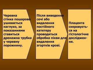 Плацента скеровуєть-ся на гістологічне досліджен-ня. Черевна  стінка пошарово ушивається наглухо, за показаннями ставиться дренажна трубка у черевну порожнину. Після виведення сечі або видалення постійного катетеру проводиться обробка піхви для видалення згортків крові. 