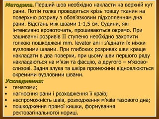 Методика.  Перший шов необхідно накласти на верхній кут рани. Потім голка проводиться крізь товщу тканин на поверхню розриву з обов ’ язковим підхопленням дна рани. Відстань між швами 1-1,5 см. Судини, які інтенсивно кровоточать, прошиваються окремо. При зашиванні розривів ІІ ступеню необхідно захопити голкою пошкоджені  mm .  levator ani  і з’єднати їх ніжки вузловими швами. При глибоких розривах шви краще накладати в два поверхи, при цьому шви першого ряду накладаються на м ’ язи та фасцію, а другого – м ’ язово-слизові. Задня злука та шкіра промежини відновлюються окремими вузловими швами. Ускладнення:   гематоми;  нагноєння рани і розходження її країв; неспроможність швів, розходження м’я зів тазового дна; пошкодження прямої кишки, формування ректовагінальногої нориці. 