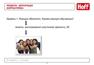 МОДЕЛЬ  ДОНАЛЬДА  КИРПАТРИКА Уровень 1. Реакция ( Reaction) . Какова реакция обучаемых? От хорошего — к лучшему! Анкеты, высказывания участников тренинга, ОС  