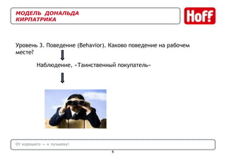 МОДЕЛЬ  ДОНАЛЬДА  КИРПАТРИКА Уровень 3. Поведение ( Behavior) . Каково поведение на рабочем месте? От хорошего — к лучшему! Наблюдение, «Таинственный покупатель»  
