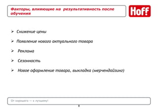 Факторы, влияющие на  результативность после обучения  Снижение цены Появление нового актуального товара Реклама Сезонность Новое оформление товара, выкладка (мерчендайзинг) От хорошего — к лучшему! 