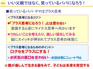 Solare
         いい父親ではなく、笑っているパパになろう！
         ■笑っているパパ・ママはプラス思考
         ＜プラス思考になるコツ＞
         「プラス思考になろう！」とは思わない
          意識すると逆にマイナス思考へ向かいます
         うれしいことを考えたり、楽しい話をしてみる
          脳にスイッチが押されてプラス思考の体質に

         ＜プラス思考になるためのポイント＞
          口グセをプラスにする！
         お天気の悪口を言わない・・お空は常にニュートラル

    ☆親が楽しんで生きる姿をみて、子どもは未来を肯定する
 