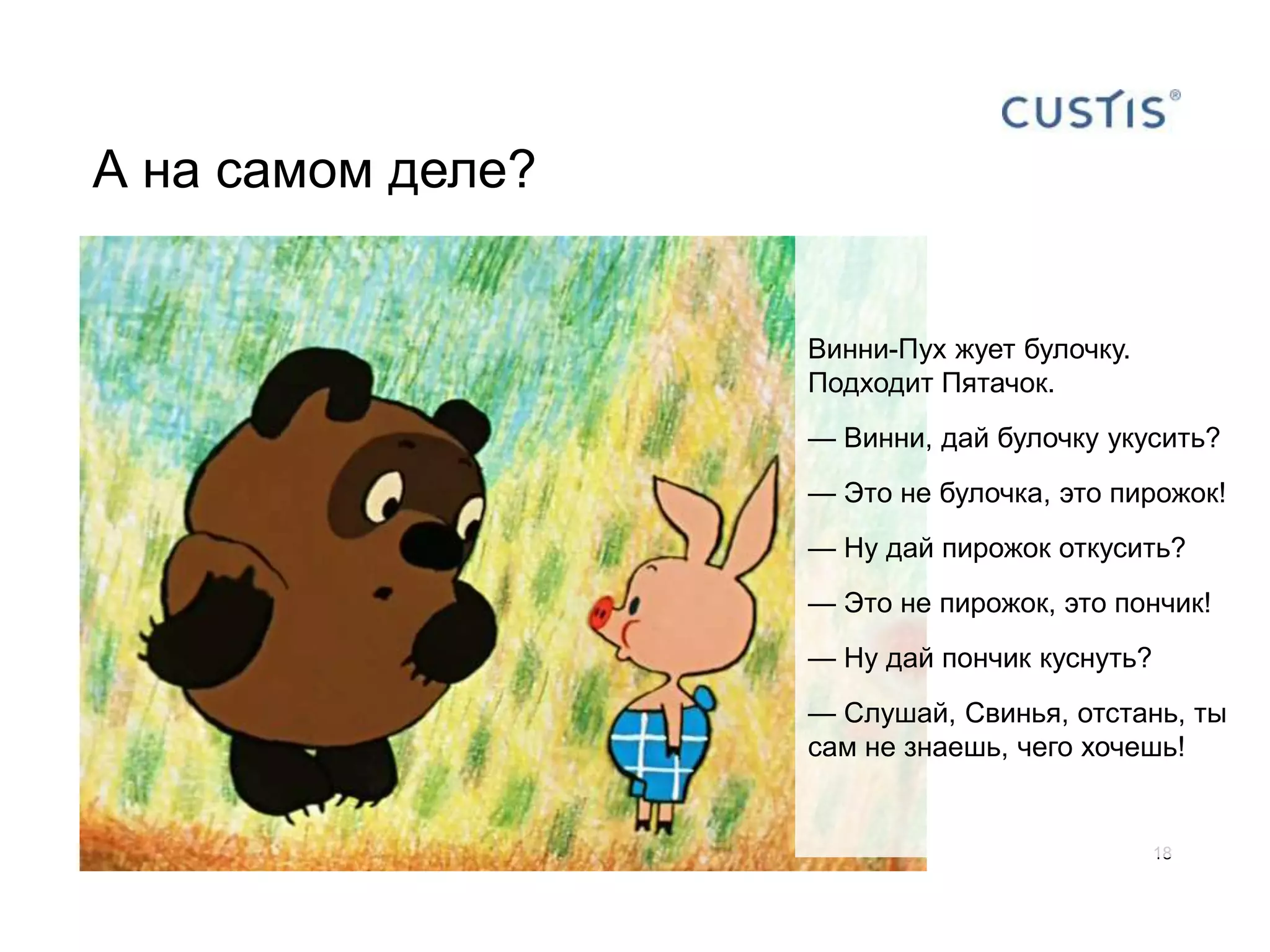 А на самом деле?


                   Винни-Пух жует булочку.
                   Подходит Пятачок.
                   — Винни, дай булочку укусить?
                   — Это не булочка, это пирожок!
                   — Ну дай пирожок откусить?
                   — Это не пирожок, это пончик!
                   — Ну дай пончик куснуть?
                   — Слушай, Свинья, отстань, ты
                   сам не знаешь, чего хочешь!


                                              18
 