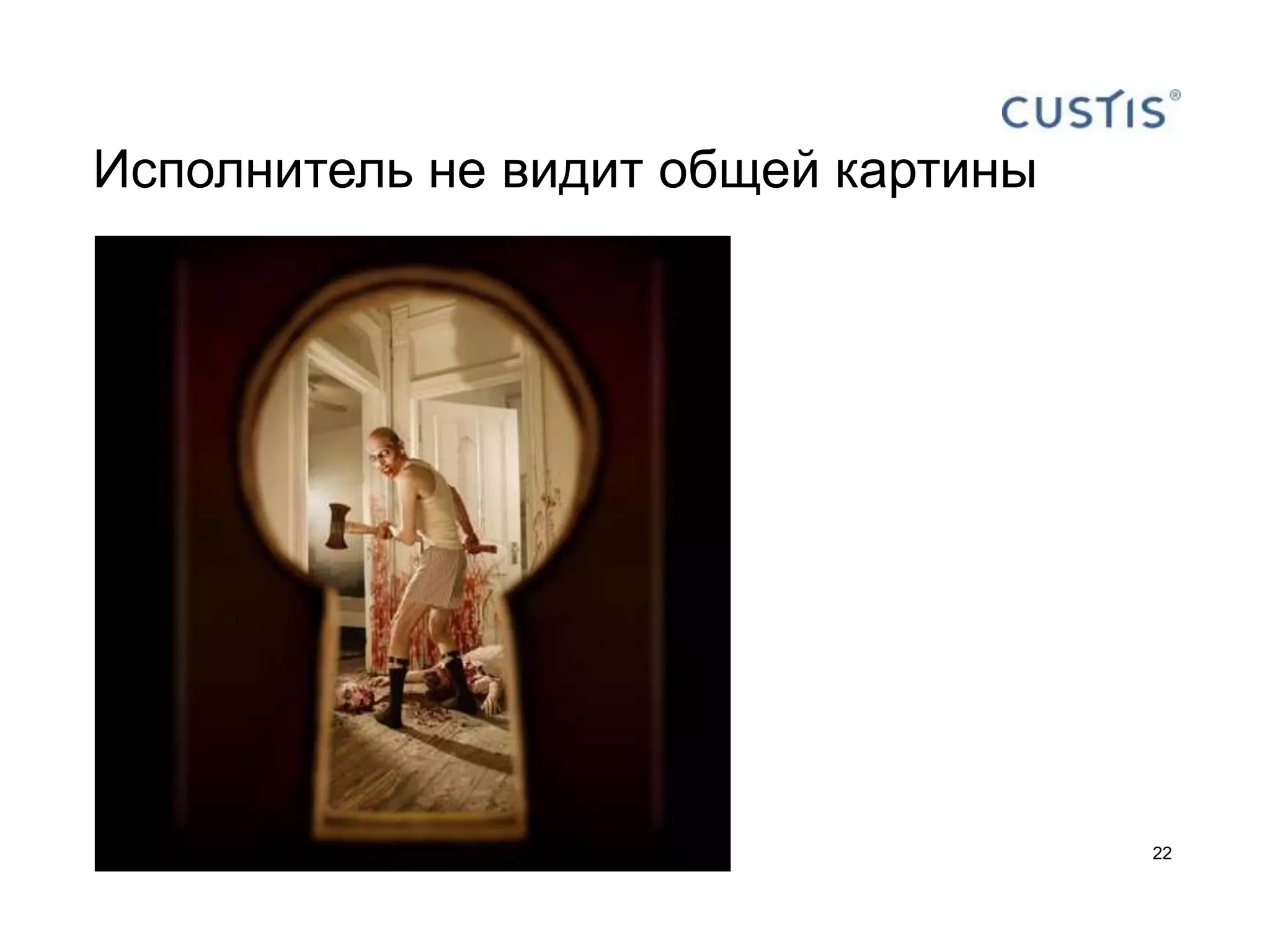 Исполнитель не видит общей картины




                                     22
 