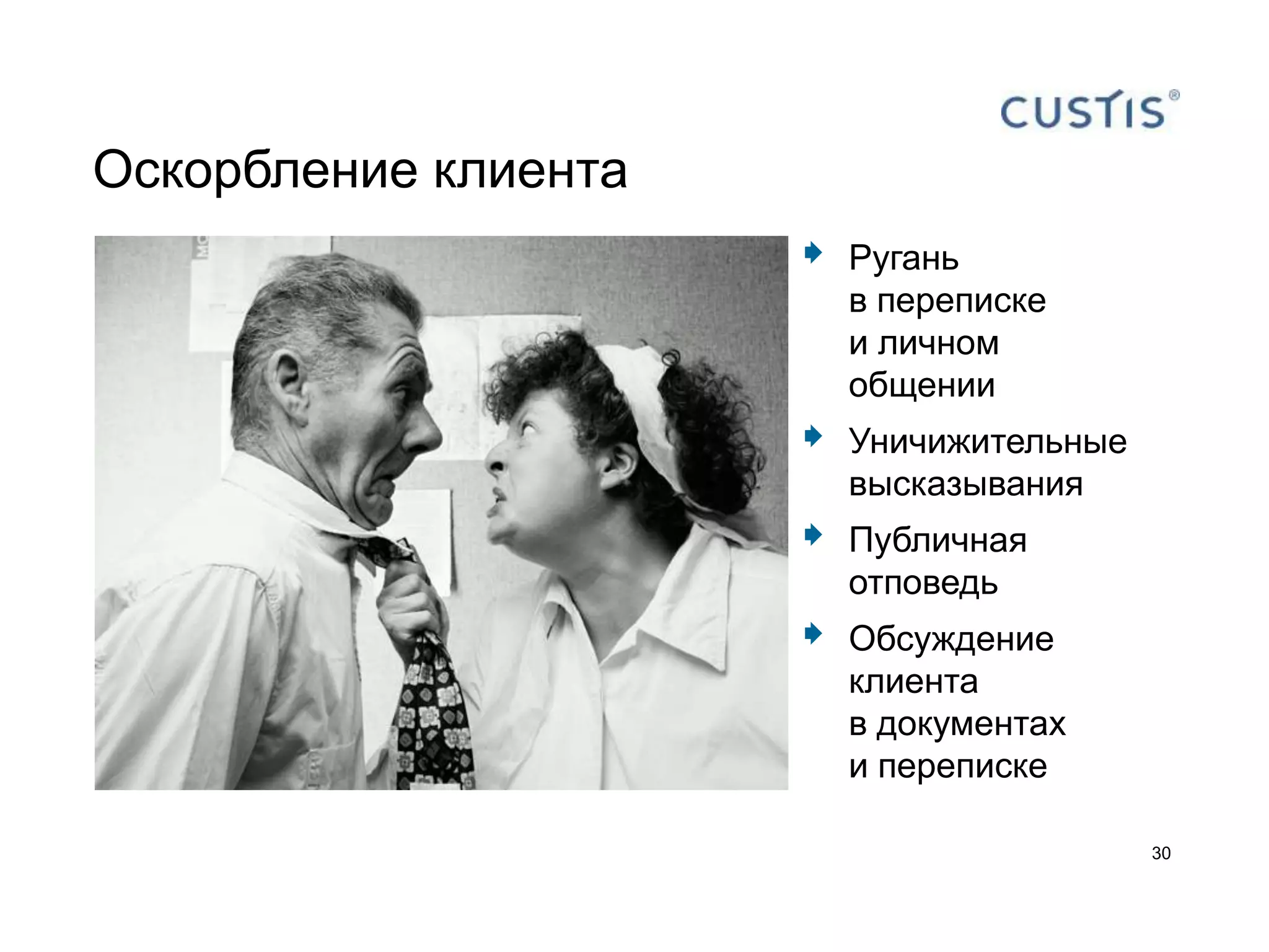 Оскорбление клиента
                         Ругань
                          в переписке
                          и личном
                          общении
                         Уничижительные
                          высказывания
                         Публичная
                          отповедь
                         Обсуждение
                          клиента
                          в документах
                          и переписке

                                           30
 