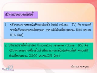 ปริมาตรของปอดมีดังนี้

1. ปริมาตรอากาศหายใจเข้าออกต่อครั้ง (tidal volume : TV) คือ อากาศที่
   หายใจเข้าออกตามปกติธรรมดา คนปกติมีคาเฉลี่ยประมาณ 500 ลบ.ซม.
                                          ่
   (0.5 ลิตร)

2. ปริมาตรหายใจเข้าส้ารอง (inspiratory reserve volume : IRV) คือ
   ปริมาตรของอากาศที่หายใจเข้าเพิ่มจากการหายใจปกติจนเต็มที่ คนปกติมี
   ค่าเฉลี่ยประมาณ 2,500 ลบ.ซม.(2.5 ลิตร)

                                                     ฉวีวรรณ นาคบุตร
 