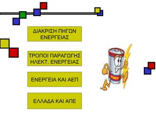 ΔΙΑΚΡΙΣΗ ΠΗΓΩΝ ΕΝΕΡΓΕΙΑΣ ΤΡΟΠΟΙ ΠΑΡΑΓΩΓΗΣ ΗΛΕΚΤ. ΕΝΕΡΓΕΙΑΣ ΕΝΕΡΓΕΙΑ ΚΑΙ ΑΕΠ ΕΛΛΑΔΑ ΚΑΙ ΑΠΕ 