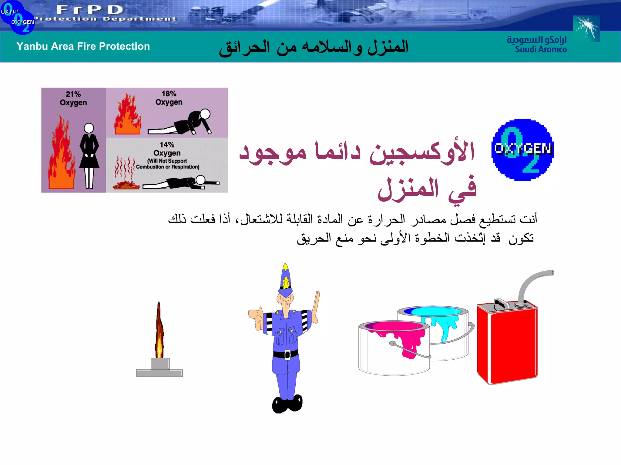 أنت تستطيع فصل مصادر الحرارة عن المادة القابلة للاشتعال، أذا فعلت ذلك تكون  قد إتّخذت الخطوة الأولى نحو منع الحريق   الأوكسجين دائما موجود في المنزل 