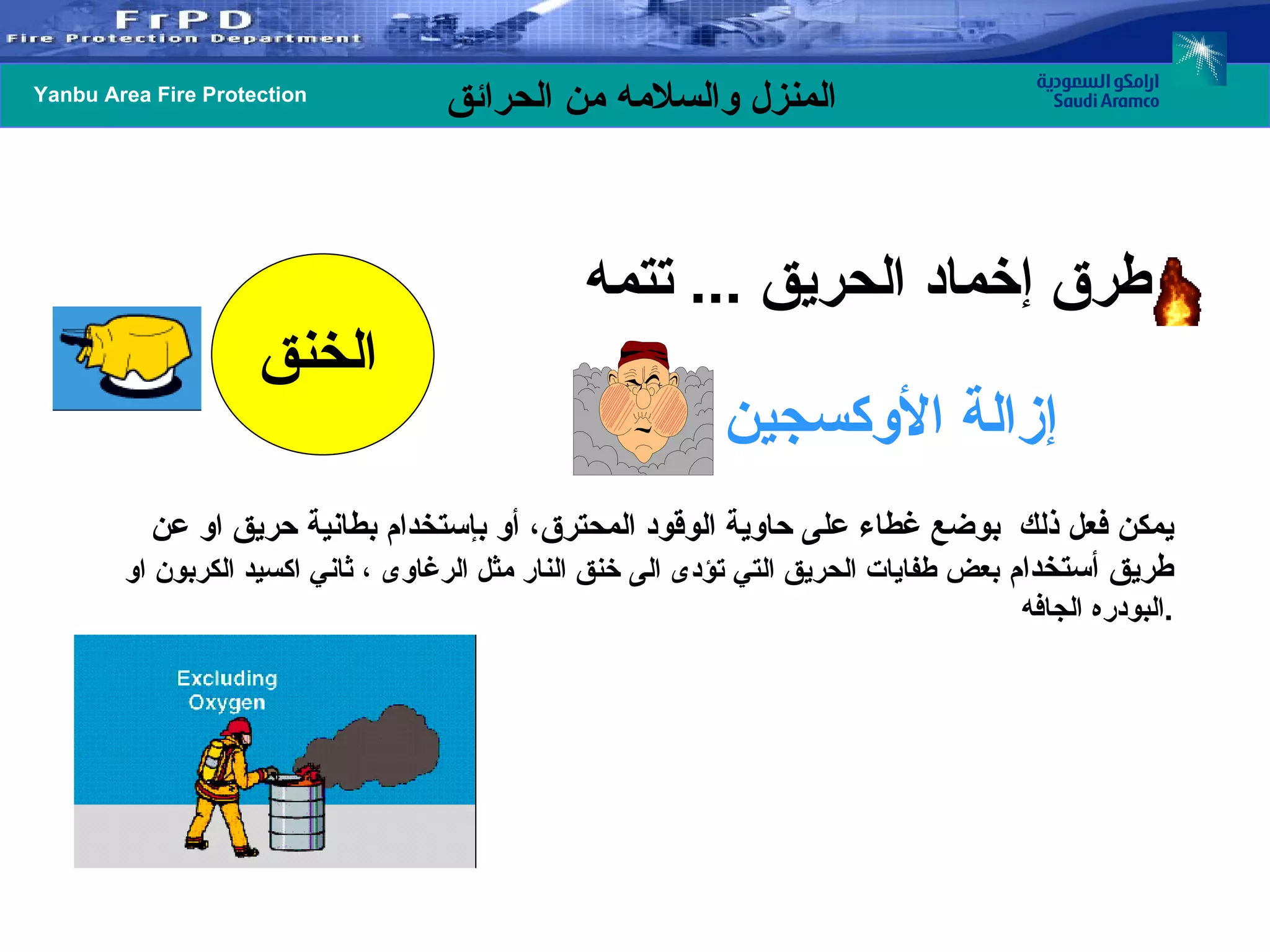 طرق إخماد الحريق  ...  تتمه إزالة الأوكسجين   يمكن فعل ذلك  بوضع غطاء على حاوية الوقود المحترق، أو بإستخدام بطانية حريق او عن طريق أستخدام  بعض طفايات الحريق التي تؤدى الى خنق النار مثل الرغاوى ، ثاني اكسيد الكربون او البودره الجافه . الخنق 