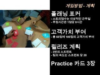 게임방법 - 계획
플래닝 포커
- 스토리점수는 이상적인 근무일
- 추정시간은 1점당 8시간


고객가치 부여
- 총 60점에 100점의 고객가치 부여


릴리즈 계획
- 3번의 스프린트
- 팀의 속도는 스프린트 당 20


Practice 카드 3장
 