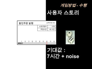 게임방법 - 수행
                                     사용자 스토리
할인쿠폰 발행                             고객가치 10

                         스토리점수                5점
                              추정시간       40 시간




 5   10   15   20   25   30    35   40   45    50




                                     기대값 :
                                     7시간 + noise
 