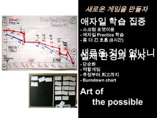 새로운 게임을 만들자
애자일 학습 집중
- 스크럼 포맷이용
- 애자일 Practice 학습
- 좀 더 긴 호흡 (8시간)


새로운 것이 없나니
실제 환경과 유사
- 단순화
- 역할게임
- 추정부터 회고까지
- Burndown chart

Art of
   the possible
 