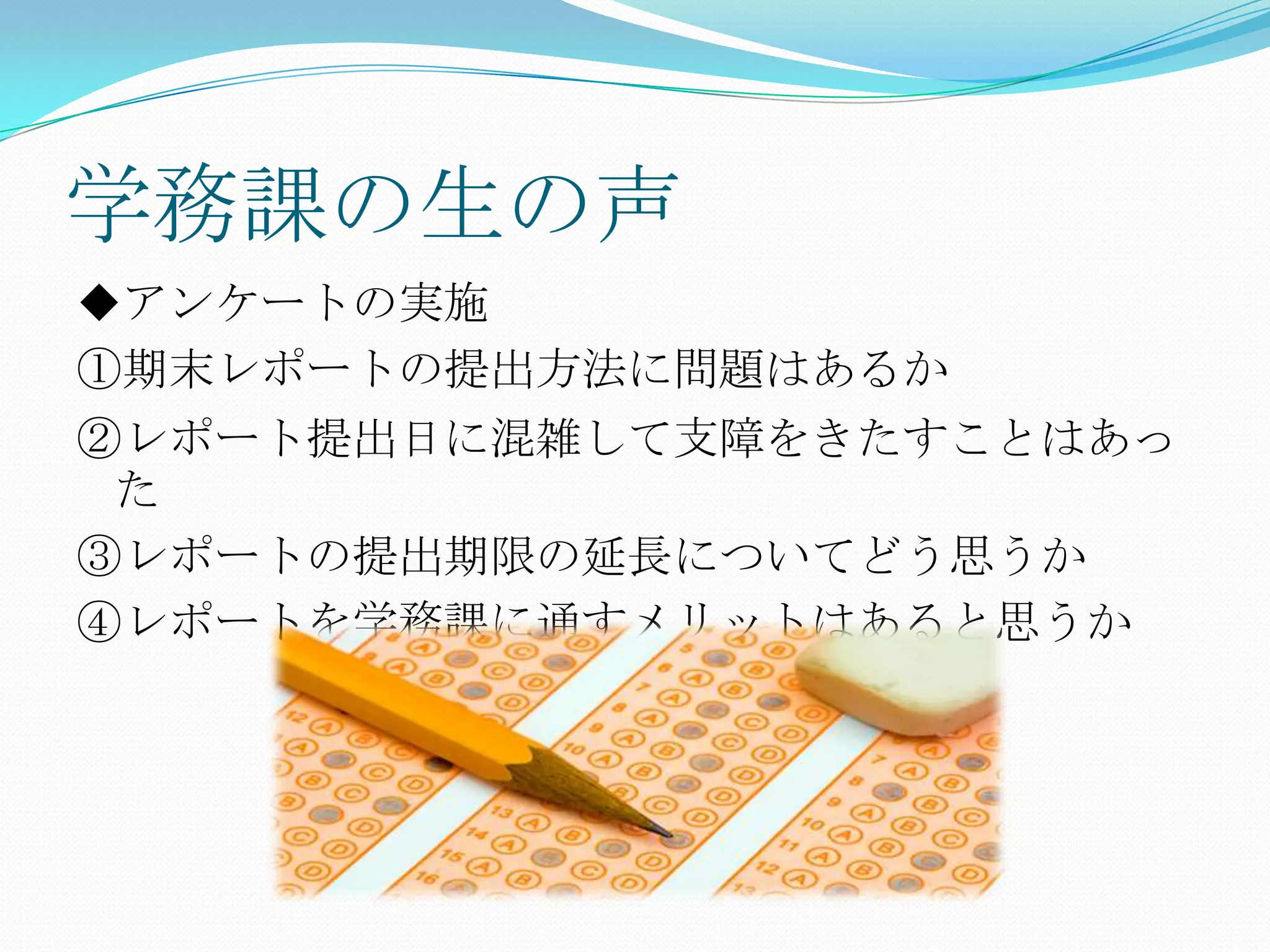 学務課の生の声
◆アンケートの実施
①期末レポートの提出方法に問題はあるか
②レポート提出日に混雑して支障をきたすことはあっ
 た
③レポートの提出期限の延長についてどう思うか
④レポートを学務課に通すメリットはあると思うか
 