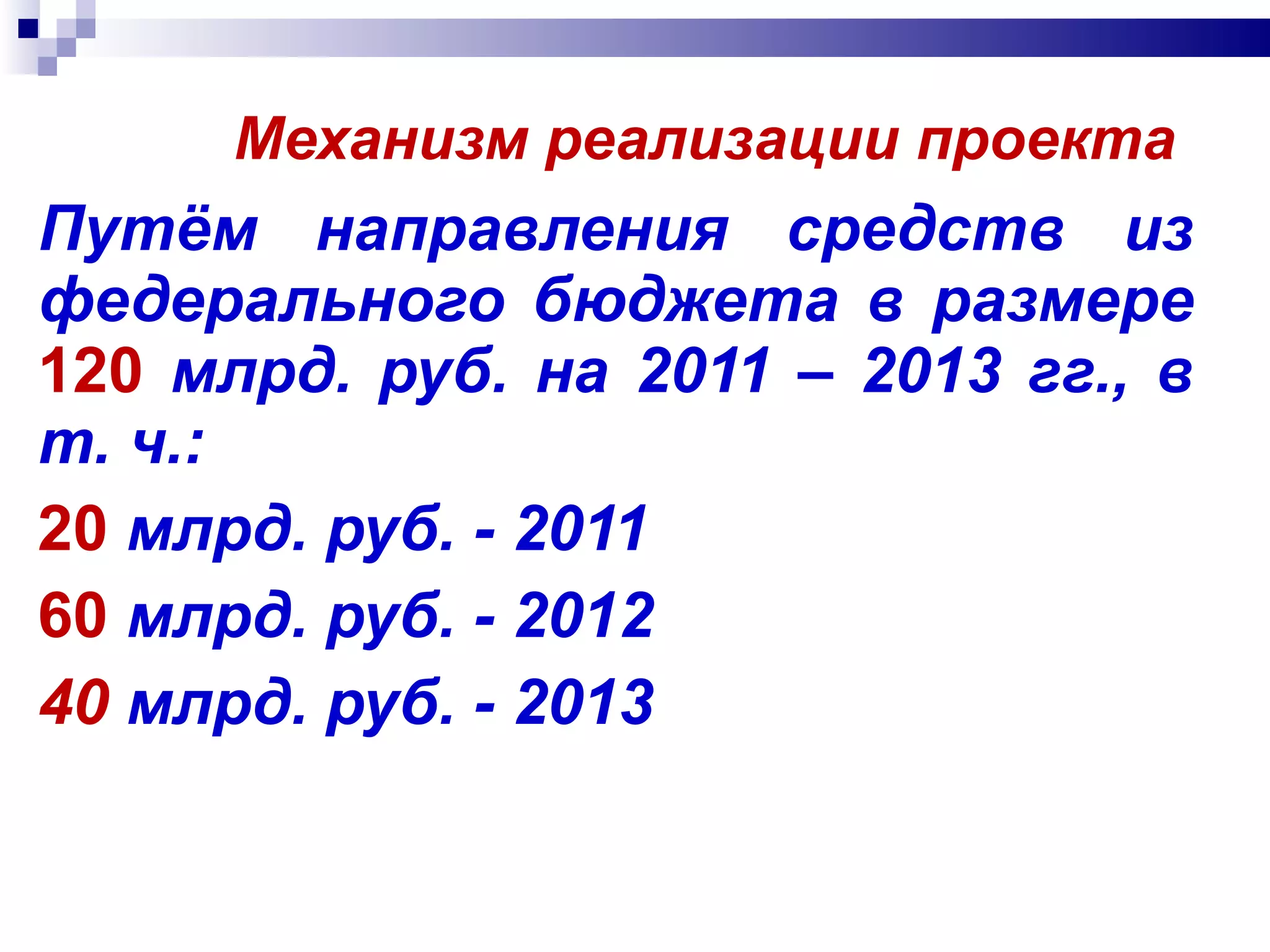 Механизм реализации проекта Путём направления средств из федерального бюджета в размере  120   млрд. руб. на 2011 – 2013 гг., в т. ч.: 20  млрд. руб. - 2011 60  млрд. руб. - 2012 40  млрд. руб. - 2013 