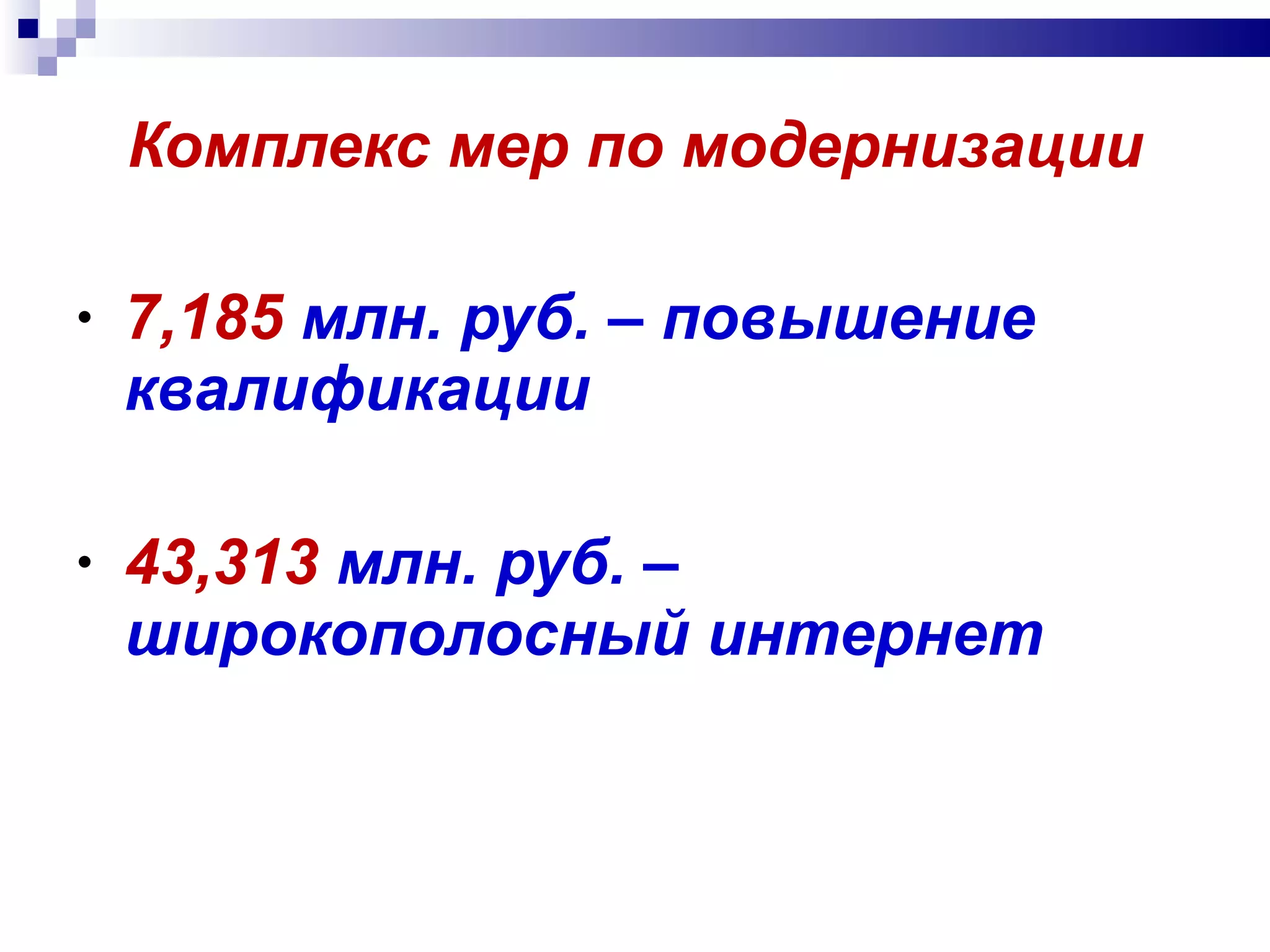 Комплекс мер по модернизации 7,185   млн. руб. – повышение квалификации 43,313   млн. руб. – широкополосный интернет 