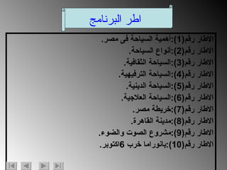 الاطار رقم (1): أهمية السياحة فى مصر . الاطار رقم (2): أنواع السياحة . الاطار رقم (3): السياحة الثقافية . الاطار رقم (4): السياحة الترفيهية . الاطار رقم (5): السياحة الدينية . الاطار رقم (6): السياحة العلاجية . الاطار رقم (7): خريطة مصر . الاطار رقم (8): مدينة القاهرة . الاطار رقم (9): مشروع الصوت والضوء . الاطار رقم (10): بانوراما خرب  6 اكتوبر . اطر البرنامج 