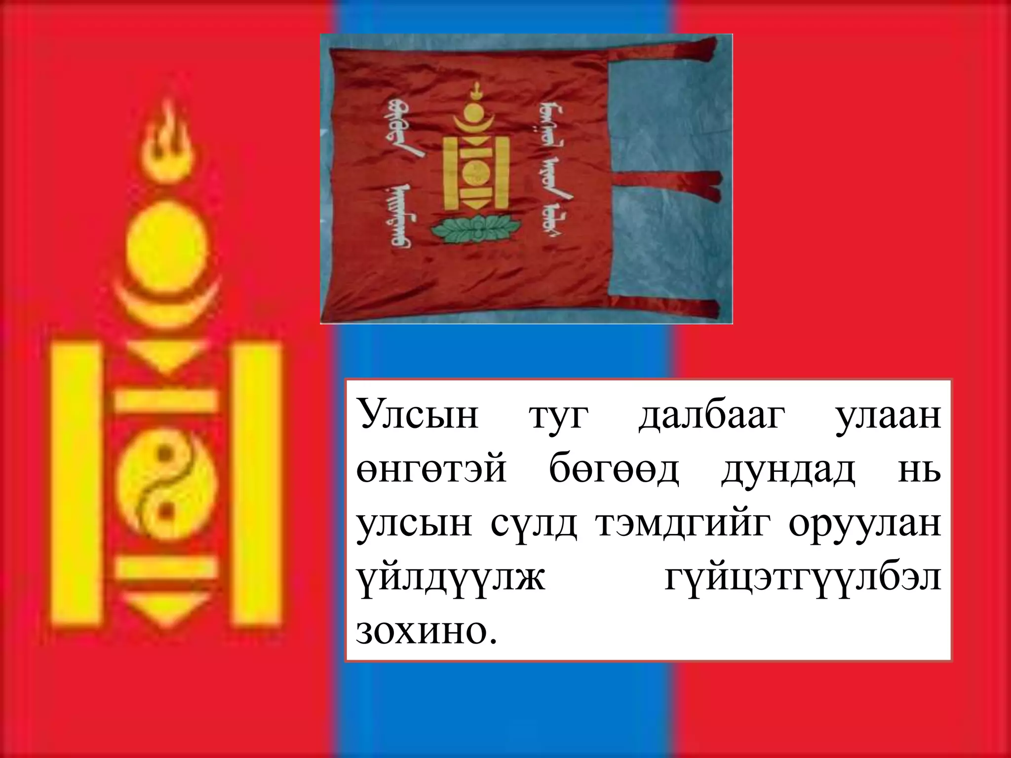 Улсын туг далбааг улаан
өнгөтэй бөгөөд дундад нь
улсын сүлд тэмдгийг оруулан
үйлдүүлж      гүйцэтгүүлбэл
зохино.
 