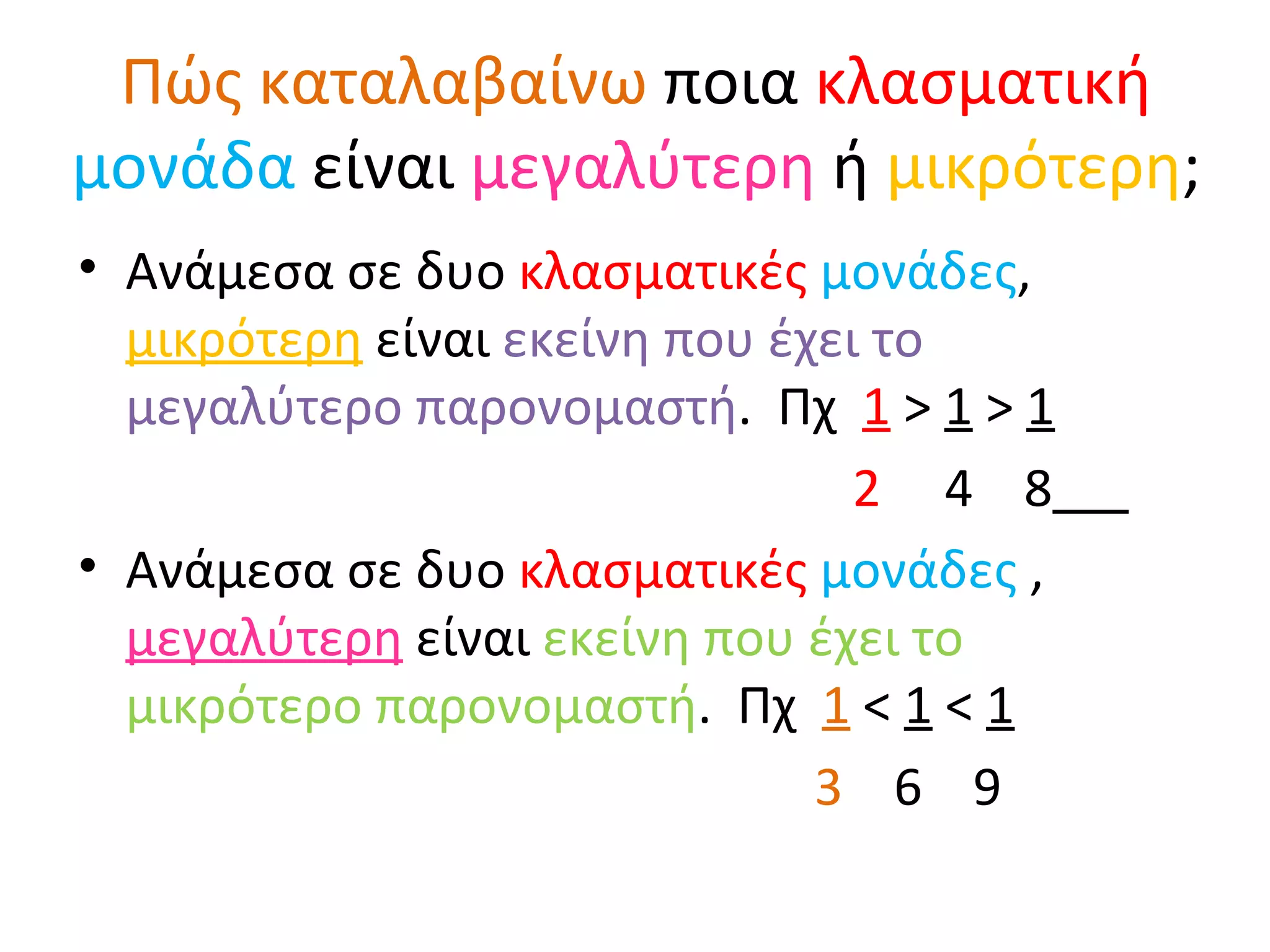 Πώς καταλαβαίνω  ποια  κλασματική   μονάδα  είναι  μεγαλύτερη  ή  μικρότερη ; Ανάμεσα σε δυο  κλασματικές   μονάδες ,  μικρότερη  είναι  εκείνη που έχει το μεγαλύτερο παρονομαστή .  Πχ  1  >  1  >  1 2  4  8   Ανάμεσα σε δυο  κλασματικές   μονάδες  ,  μεγαλύτερη  είναι  εκείνη που έχει το μικρότερο παρονομαστή .  Πχ  1  <  1  <  1 3  6  9 