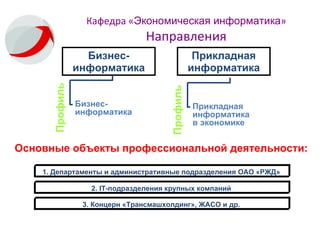 Бизнес-информатика 1. Департаменты и административные подразделения ОАО «РЖД» Основные объекты профессиональной деятельности: 2.  IT -подразделения крупных компаний 3. Концерн «Трансмашхолдинг» ,  ЖАСО и др. Кафедра « Экономическая информатика »  Направления Профиль Бизнес-информатика Профиль Прикладная информатика  в экономике Прикладная информатика 