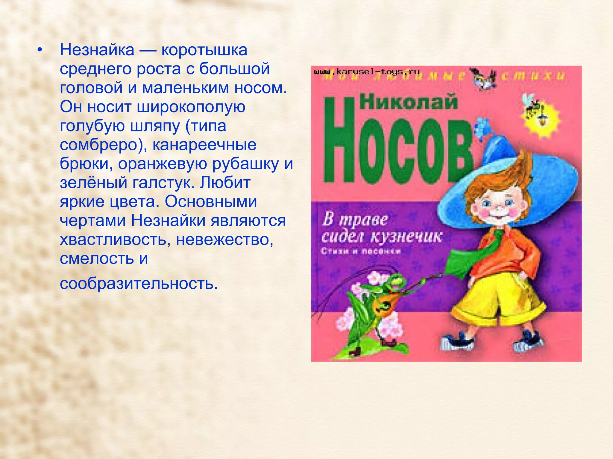 Незнайка — коротышка среднего роста с большой головой и маленьким носом. Он носит широкополую голубую шляпу (типа сомбреро), канареечные брюки, оранжевую рубашку и зелёный галстук. Любит яркие цвета. Основными чертами Незнайки являются хвастливость, невежество, смелость и сообразительность.   