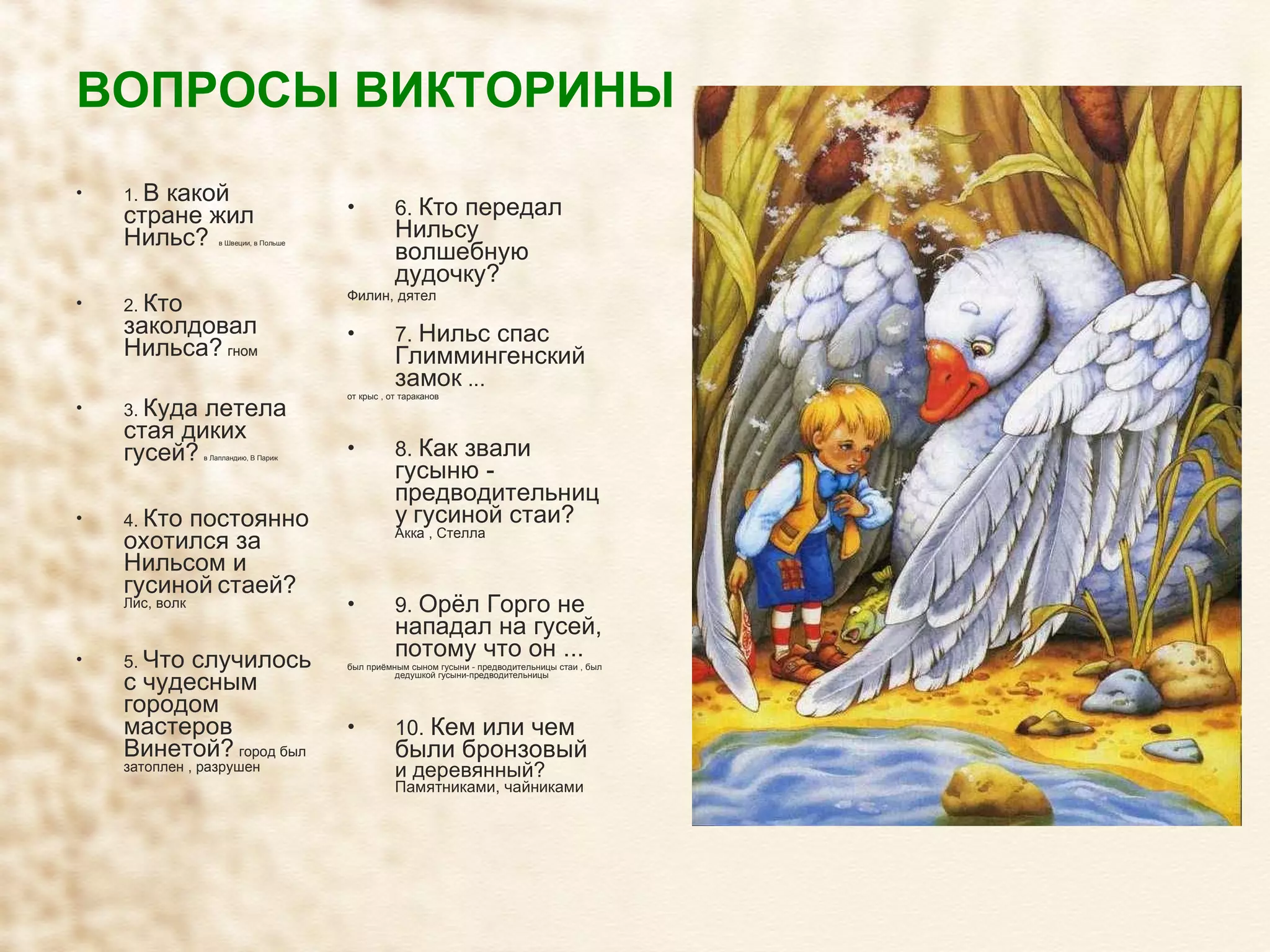 ВОПРОСЫ ВИКТОРИНЫ 1.  В какой стране жил Нильс?   в Швеции, в Польше 2.  Кто заколдовал Нильса?   гном 3.  Куда летела стая диких гусей?   в Лапландию, В Париж 4.  Кто постоянно охотился за Нильсом и гусиной   стаей?   Лис, волк 5.  Что случилось с чудесным городом мастеров Винетой?   город был затоплен , разрушен 6.  Кто передал Нильсу волшебную дудочку? Филин, дятел 7.  Нильс спас Глиммингенский замок  ... от крыс , от тараканов 8.  Как звали гусыню - предводительницу   гусиной стаи? Акка , Стелла 9.  Орёл Горго не нападал на гусей, потому что он ... был приёмным сыном гусыни - предводительницы стаи , был дедушкой гусыни-предводительницы 10.  Кем или чем были бронзовый  и деревянный?  Памятниками, чайниками 