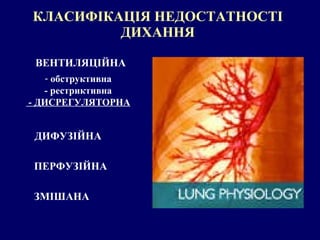 КЛАСИФІКАЦІЯ НЕДОСТАТНОСТІ ДИХАННЯ ВЕНТИЛЯЦІЙНА ПЕРФУЗІЙНА ДИФУЗІЙНА обструктивна - рестриктивна  - ДИСРЕГУЛЯТОРНА ЗМІШАНА 
