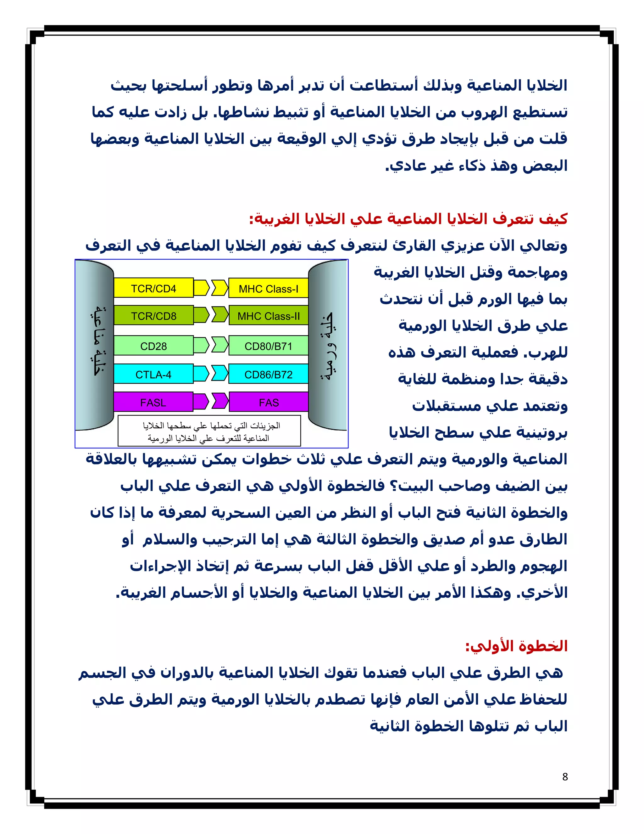 ‫اﻟﺨﻼﻳﺎ اﻟﻤﻨﺎﻋﯿﺔ وﺑﺬﻟﻚ أﺳﺘﻄﺎﻋﺖ أن ﺗﺪﺑﺮ أﻣﺮھﺎ وﺗﻄﻮر أﺳﻠﺤﺘﮫﺎ ﺑﺤﯿﺚ‬
  ‫ﺗﺴﺘﻄﯿﻊ اﻟﮫﺮوب ﻣﻦ اﻟﺨﻼﻳﺎ اﻟﻤﻨﺎﻋﯿﺔ أو ﺗﺜﺒﯿﻂ ﻧﺸﺎطﮫﺎ. ﺑﻞ زادت ﻋﻠﯿﻪ ﻛﻤﺎ‬
 ‫ﻗﻠﺖ ﻣﻦ ﻗﺒﻞ ﺑﺈﻳﺠﺎد طﺮق ﺗﺆدي إﻟﻲ اﻟﻮﻗﯿﻌﺔ ﺑﯿﻦ اﻟﺨﻼﻳﺎ اﻟﻤﻨﺎﻋﯿﺔ وﺑﻌﻀﮫﺎ‬
                                                                        ‫اﻟﺒﻌﺾ وھﺬ ذﻛﺎء ﻏﯿﺮ ﻋﺎدي.‬


                                             ‫ﻛﯿﻒ ﺗﺘﻌﺮف اﻟﺨﻼﻳﺎ اﻟﻤﻨﺎﻋﯿﺔ ﻋﻠﻲ اﻟﺨﻼﻳﺎ اﻟﻐﺮﻳﺒﺔ:‬
‫وﺗﻌﺎﻟﻲ اﻵن ﻋﺰﻳﺰي اﻟﻘﺎرئ ﻟﻨﺘﻌﺮف ﻛﯿﻒ ﺗﻔﻮم اﻟﺨﻼﻳﺎ اﻟﻤﻨﺎﻋﯿﺔ ﻓﻲ اﻟﺘﻌﺮف‬
                                                                      ‫وﻣﮫﺎﺟﻤﺔ وﻗﺘﻞ اﻟﺨﻼﻳﺎ اﻟﻐﺮﻳﺒﺔ‬
                ‫4‪TCR/CD‬‬                   ‫‪MHC Class-I‬‬
                                                                       ‫ﺑﻤﺎ ﻓﯿﮫﺎ اﻟﻮرم ﻗﺒﻞ أن ﻧﺘﺤﺪث‬
‫ﺧﻠﯾﺔ ﻣﻧﺎﻋﯾﺔ‬
‫ﺧﻠﯾﺔ ﻣﻧﺎﻋﯾﺔ‬
‫ﺧﻠﯾﺔ ﻣﻧﺎﻋﯾﺔ‬




                ‫8‪TCR/CD‬‬                   ‫‪MHC Class-II‬‬
                                                         ‫ﺧﻠﯾﺔ ورﻣﯾﺔ‬       ‫ﻋﻠﻲ طﺮق اﻟﺨﻼﻳﺎ اﻟﻮرﻣﯿﺔ‬
                 ‫82‪CD‬‬                       ‫17‪CD80/B‬‬
                                                                        ‫ﻟﻠﮫﺮب. ﻓﻌﻤﻠﯿﺔ اﻟﺘﻌﺮف ھﺬه‬
                ‫4-‪CTLA‬‬                      ‫27‪CD86/B‬‬
                                                                          ‫دﻗﯿﻘﺔ ﺟﺪا وﻣﻨﻈﻤﺔ ﻟﻠﻐﺎﻳﺔ‬
                 ‫‪FASL‬‬                           ‫‪FAS‬‬                         ‫وﺗﻌﺘﻤﺪ ﻋﻠﻲ ﻣﺴﺘﻘﺒﻼت‬
                 ‫اﻟﺟزﯾﺋﺎت اﻟﺗﻲ ﺗﺣﻣﻠﮭﺎ ﻋﻠﻲ ﺳطﺣﮭﺎ اﻟﺧﻼﯾﺎ‬
                   ‫اﻟﻣﻧﺎﻋﯾﺔ ﻟﻠﺗﻌرف ﻋﻠﻲ اﻟﺧﻼﯾﺎ اﻟورﻣﯾﺔ‬                   ‫ﺑﺮوﺗﯿﻨﯿﺔ ﻋﻠﻲ ﺳﻄﺢ اﻟﺨﻼﻳﺎ‬
‫اﻟﻤﻨﺎﻋﯿﺔ واﻟﻮرﻣﯿﺔ وﻳﺘﻢ اﻟﺘﻌﺮف ﻋﻠﻲ ﺛﻼث ﺧﻄﻮات ﻳﻤﻜﻦ ﺗﺸﺒﯿﮫﮫﺎ ﺑﺎﻟﻌﻼﻗﺔ‬
              ‫ﺑﯿ ﻦ اﻟﻀﯿﻒ وﺻﺎﺣﺐ اﻟﺒﯿﺖ؟ ﻓﺎﻟﺨﻄﻮة اﻷوﻟﻲ ھﻲ اﻟﺘﻌﺮف ﻋﻠﻲ اﻟﺒﺎب‬
 ‫واﻟﺨﻄﻮة اﻟﺜﺎﻧﯿﺔ ﻓﺘﺢ اﻟﺒﺎب أو اﻟﻨﻈﺮ ﻣﻦ اﻟﻌﯿﻦ اﻟﺴﺤﺮﻳﺔ ﻟﻤﻌﺮﻓﺔ ﻣﺎ إذا ﻛﺎن‬
              ‫اﻟﻄﺎرق ﻋﺪو أم ﺻﺪﻳﻖ واﻟﺨﻄﻮة اﻟﺜﺎﻟﺜﺔ ھﻲ إﻣﺎ اﻟﺘﺮﺟﯿﺐ واﻟﺴﻼم أو‬
               ‫اﻟﮫﺠﻮم واﻟﻄﺮد أو ﻋﻠﻲ اﻷﻗﻞ ﻗﻔﻞ اﻟﺒﺎب ﺑﺴﺮﻋﺔ ﺛﻢ إﺗﺨﺎذ اﻹﺟﺮاءات‬
              ‫اﻷﺧﺮي. وھﻜﺬا اﻷﻣﺮ ﺑﯿﻦ اﻟﺨﻼﻳﺎ اﻟﻤﻨﺎﻋﯿﺔ واﻟﺨﻼﻳﺎ أو اﻷﺟﺴﺎم اﻟﻐﺮﻳﺒﺔ.‬


                                                                                    ‫اﻟﺨﻄﻮة اﻷوﻟﻲ:‬
‫ھﻲ اﻟﻄﺮق ﻋﻠﻲ اﻟﺒﺎب ﻓﻌﻨﺪﻣﺎ ﺗﻘﻮك اﻟﺨﻼﻳﺎ اﻟﻤﻨﺎﻋﯿﺔ ﺑﺎﻟﺪوران ﻓﻲ اﻟﺠﺴﻢ‬
  ‫ﻟﻠﺤﻔﺎظ ﻋﻠﻲ اﻷﻣﻦ اﻟﻌﺎم ﻓﺈﻧﮫﺎ ﺗﺼﻄﺪم ﺑﺎﻟﺨﻼﻳﺎ اﻟﻮرﻣﯿﺔ وﻳﺘﻢ اﻟﻄﺮق ﻋﻠﻲ‬
                                                                      ‫اﻟﺒﺎب ﺛﻢ ﺗﺘﻠﻮھﺎ اﻟﺨﻄﻮة اﻟﺜﺎﻧﯿﺔ‬


                                                                                                   ‫8‬
 