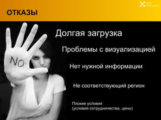 ОТКАЗЫ Центр  Веб-решений Нет нужной информации Проблемы с визуализацией Долгая загрузка Не соответствующий регион Плохие условия  (условия сотрудничества, цены) 