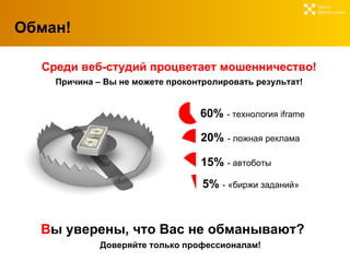 Обман! Центр  Веб-решений Среди веб-студий процветает мошенничество! Причина – Вы не можете проконтролировать результат! В ы уверены, что Вас не обманывают ? 60%  - технология  iframe 2 0%  - ложная реклама 15%  - автоботы 5%  - «биржи заданий» Доверяйте только профессионалам! 