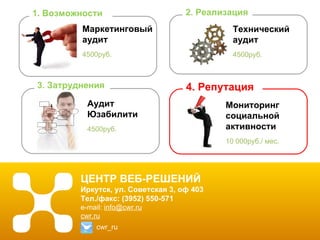 ЦЕНТР ВЕБ-РЕШЕНИЙ Иркутск, ул. Советская 3, оф 403 Тел./факс: (3952) 550-571 e-mail :  [email_address] cwr.ru cwr_ru Мониторинг социальной  активности 10 000руб. /  мес. 1. Возможности 3. Затруднения 4. Репутация 2. Реализация Маркетинговый  аудит  4500руб. Технический  аудит 4500руб. Аудит Юзабилити 4500руб. 