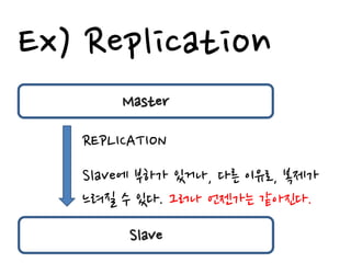Ex) Replication
        Master

   REPLICATION
   Slave에 부하가 있거나, 다른 이유로, 복제가
   느려질 수 있다. 그러나 언젠가는 같아진다.
         Slave
 