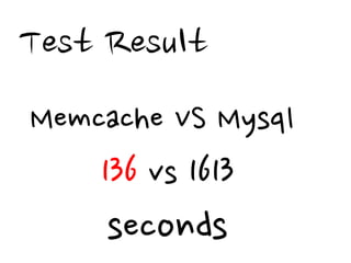 Test Result
Memcache VS Mysql
    136 vs 1613
     seconds
 