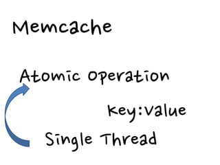 Memcache
Atomic Operation
          Key:Value
  Single Thread
 