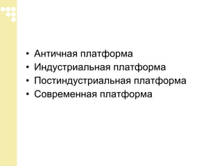 Античная платформа Индустриальная платформа Постиндустриальная платформа Современная платформа 
