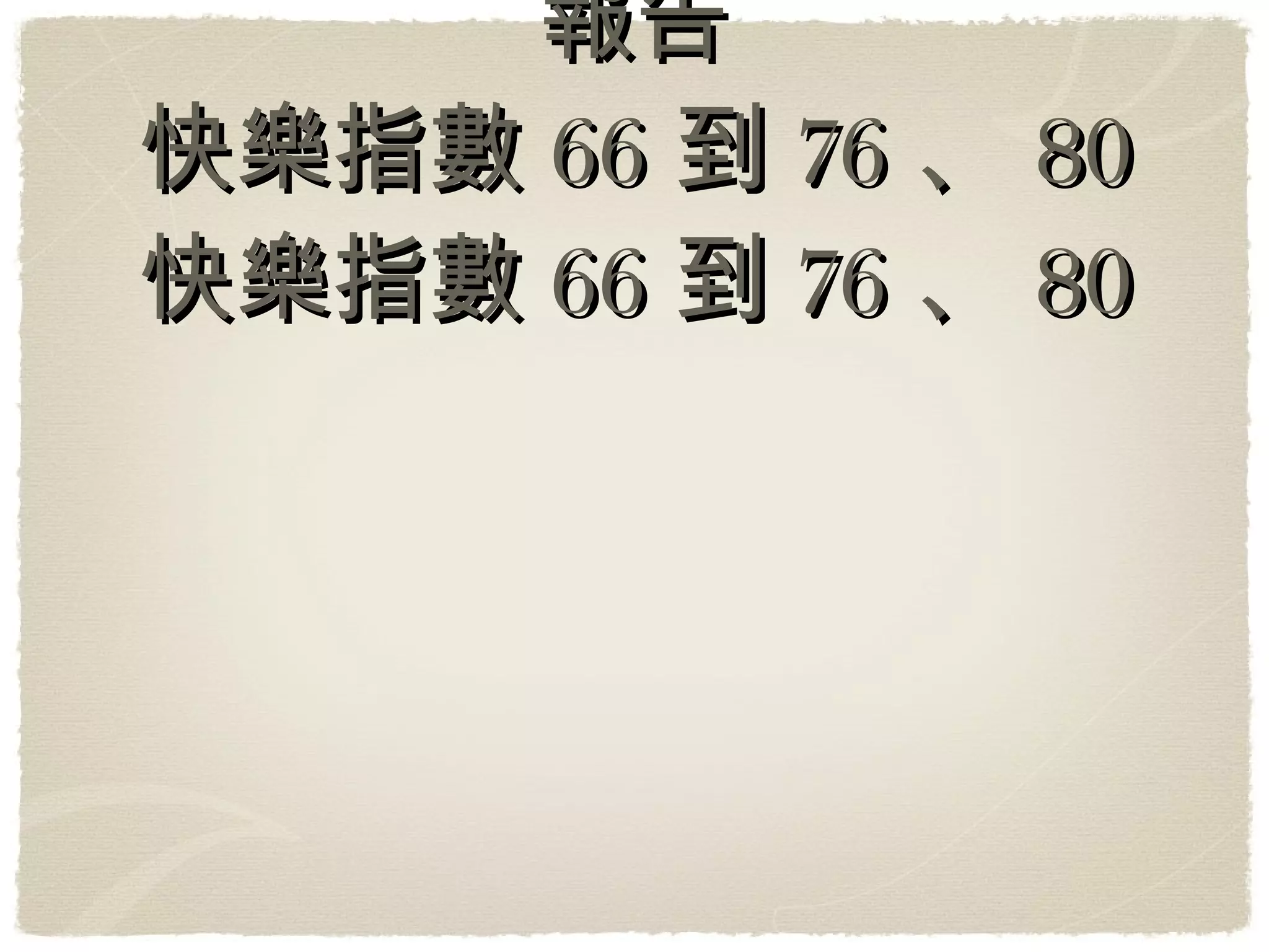 報告 快樂指數66到76、80 快樂指數66到76、80 