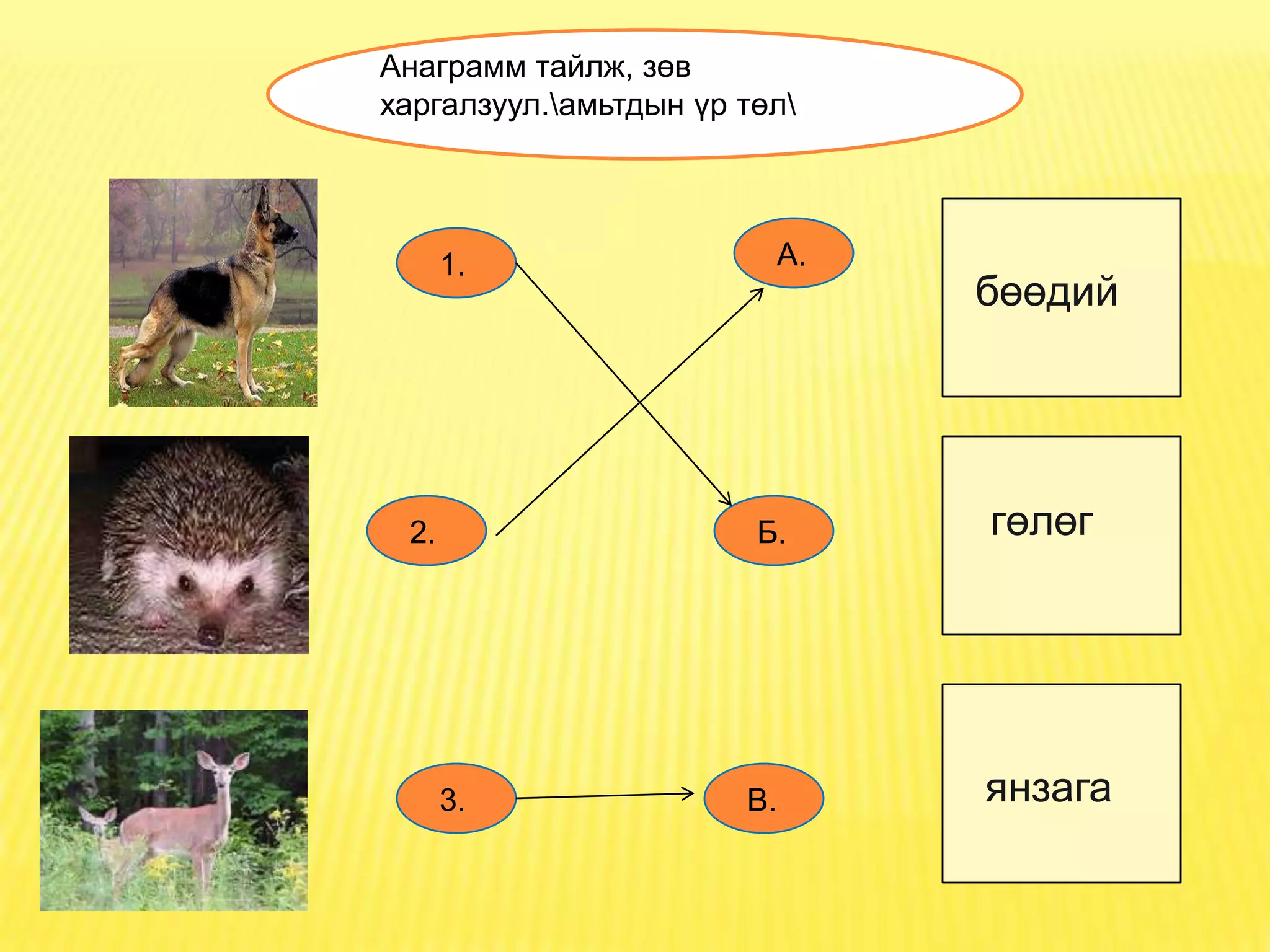 Анаграмм тайлж, зөв
харгалзуул.амьтдын үр төл




      1.                 А.
                              бөөдий




 2.                     Б.    гөлөг




      3.               В.     янзага
 