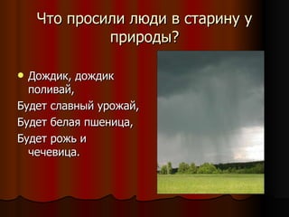 Что просили люди в старину у природы? Дождик, дождик поливай, Будет славный урожай, Будет белая пшеница, Будет рожь и чечевица. 