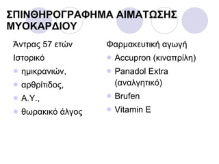 ΣΠΙΝΘΗΡΟΓΡΑΦΗΜΑ  AIM ΑΤΩΣΗΣ   ΜΥΟΚΑΡΔΙΟΥ Άντρας 57 ετών Ιστορικό ημικρανιών, αρθρίτιδος, Α.Υ., θωρακικό άλγος Φαρμακευτική αγωγή Accupron ( κιναπρίλη) Panadol Extra ( αναλγητικό) Brufen Vitamin E 