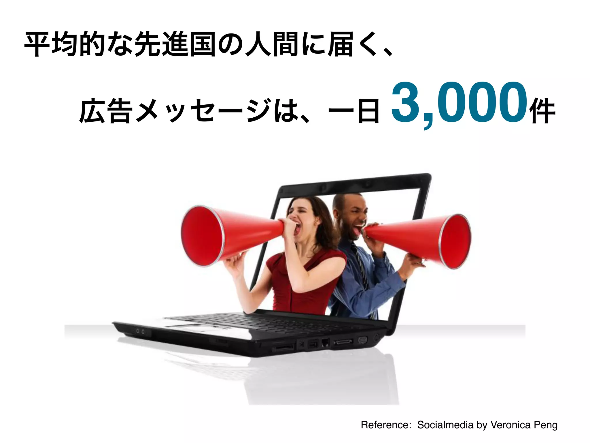 平均的な先進国の人間に届く、

  広告メッセージは、一日    3,000件




            Reference: Socialmedia by Veronica Peng
 