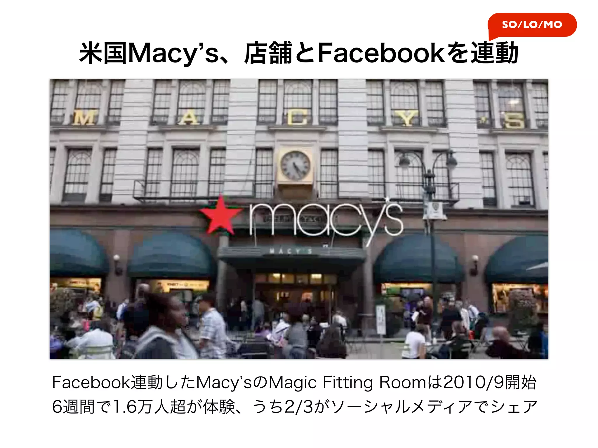 SO/LO/MO


  米国Macy s、店舗とFacebookを連動




Facebook連動したMacy sのMagic Fitting Roomは2010/9開始
6週間で1.6万人超が体験、うち2/3がソーシャルメディアでシェア
 