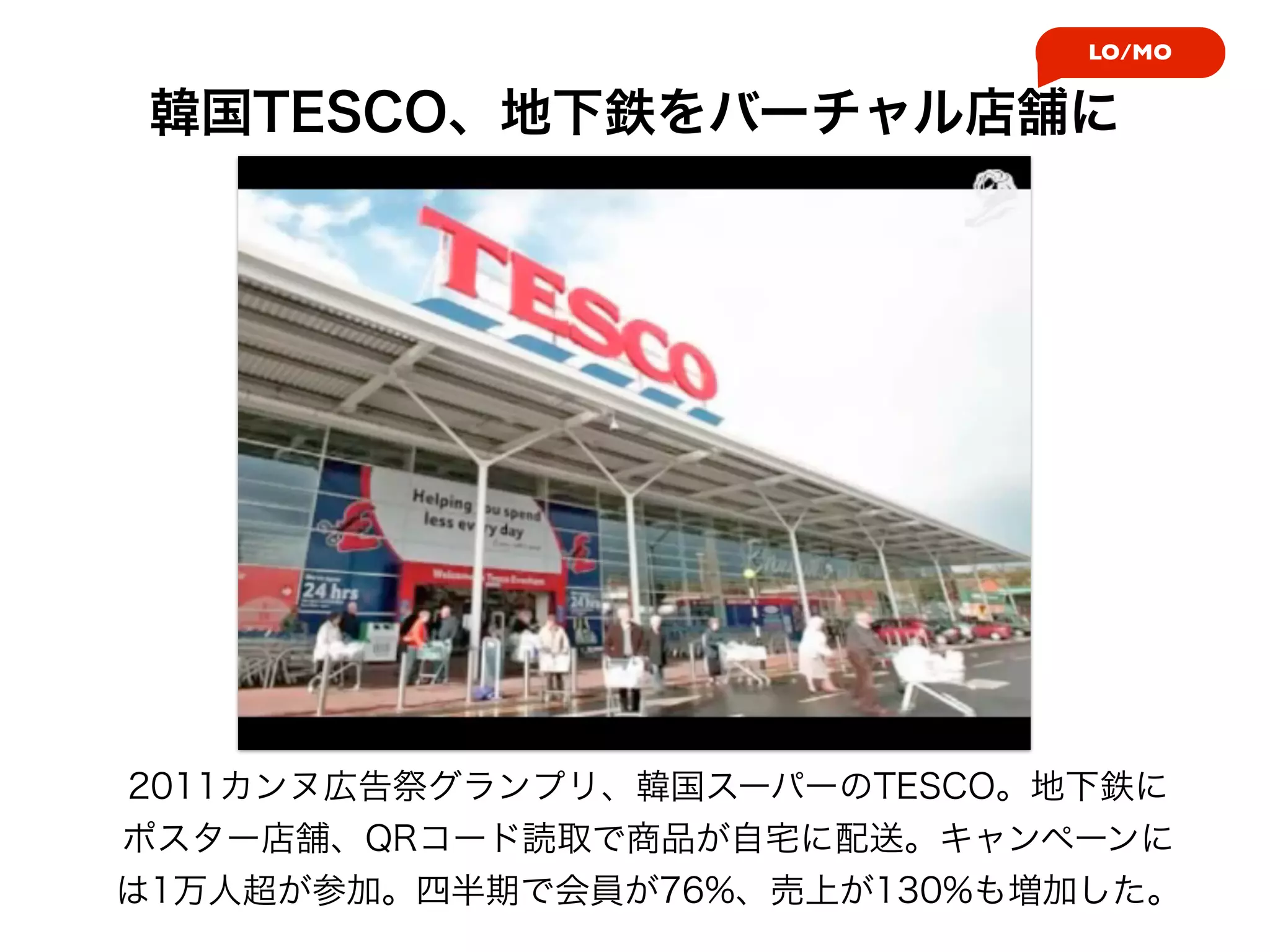 LO/MO


 韓国TESCO、地下鉄をバーチャル店舗に




2011カンヌ広告祭グランプリ、韓国スーパーのTESCO。地下鉄に
ポスター店舗、QRコード読取で商品が自宅に配送。キャンペーンに
は1万人超が参加。四半期で会員が76%、売上が130%も増加した。
 