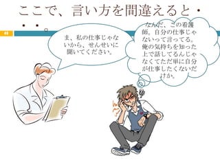 ここで、言い方を間違えると・
23
     ・・。       なんだ、この看護
              師。自分の仕事じゃ
         ま、私の仕事じゃな   ないって言ってる。
         いから、せんせいに   俺の気持ちを知った
         聞いてください。    上で話してるんじゃ
                     なくてただ単に自分
                     が仕事したくないだ
                        けか。
 