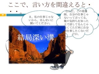 ここで、言い方を間違えると・
24
     ・・。       なんだ、この看護
              師。自分の仕事じゃ
         ま、私の仕事じゃな   ないって言ってる。
         いから、せんせいに   俺の気持ちを知った
         聞いてください。    上で話してるんじゃ
                     なくてただ単に自分
                     が仕事したくないだ
                        けか。
       結局深い溝
 