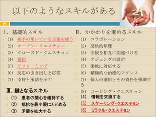 以下のようなスキルがある
28


Ⅰ．基礎的スキル                Ⅱ．かかわりを進めるスキル
    (1) 相手の用いている言葉を使う  (1) コラボレーション
    (2) オープン・クエスチョン       (2) 反映的傾聴
    (3) クローズド・クエスチョン      (3) 面接を相互に関連づける
    (4) 要約                (4) アジェンダの設定
    (5) リフレーミング           (5) 柔軟に対応する
    (6) 反応の引き出しと応答        (6) 積極的な治療的スタンス
    (7) 支持と承認を示す          (7) 個人の選択とその責任を強調す
                            る
                           (8) コーピング・クエスチョン
 
