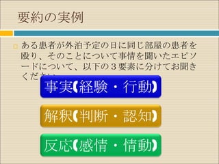 要約の実例
   ある患者が外泊予定の日に同じ部屋の患者を
    殴り、そのことについて事情を聞いたエピソ
    ードについて、以下の３要素に分けてお聞き
    ください。
      事実(経験・行動)

      解釈(判断・認知)

      反応(感情・情動)
 