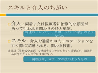 スキルと介入のちがい

   介入：両者または医療者に治療的な意図が
    あって行われる関わりのひと単位。
       料理の「レシピ」、スポーツの「作戦」のよう
                なもの
   スキル：介入や通常のコミュニケーションを
    行う際に実施される、関わる技術。
非言語（雰囲気や文脈）で構成するスキルもとても重要だが、範囲が
 広がりすぎるので今日は扱わない。

         調理技術、スポーツの技のようなもの
 